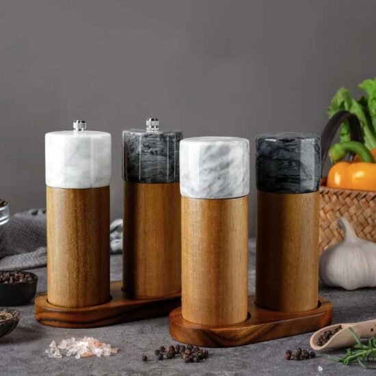Marble and Acacia Wood Salt and Pepper Mills