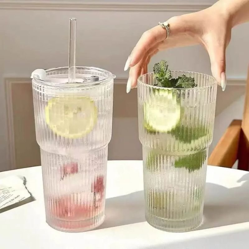 Ribbed Glass Tumbler with Straw and Lid - Image 2