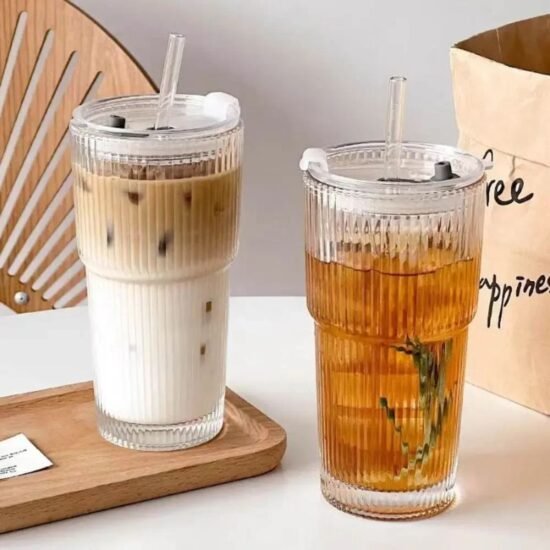 Ribbed Glass Tumbler with Straw and Lid