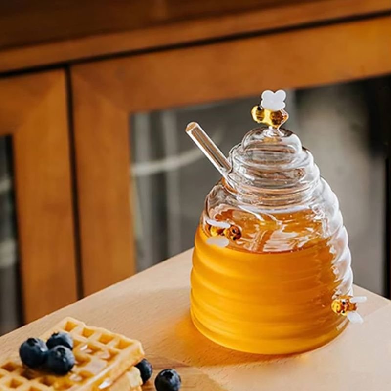 Glass Honey Jar with Lid and Honey Stick