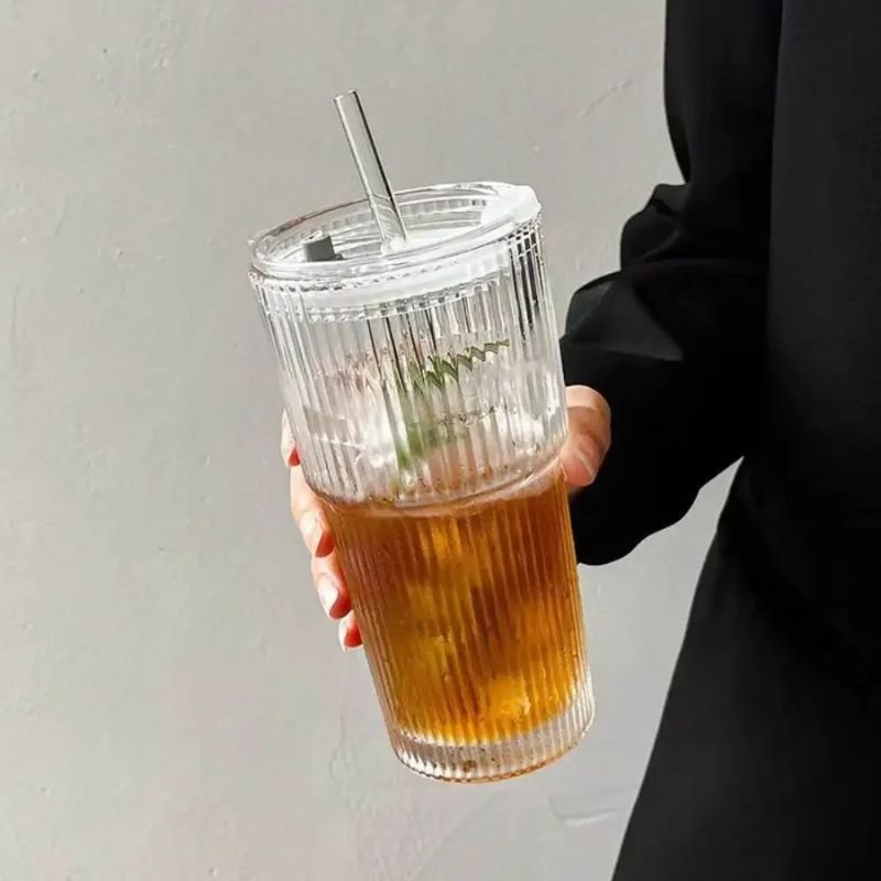Ribbed Glass Tumbler with Straw and Lid - Image 4
