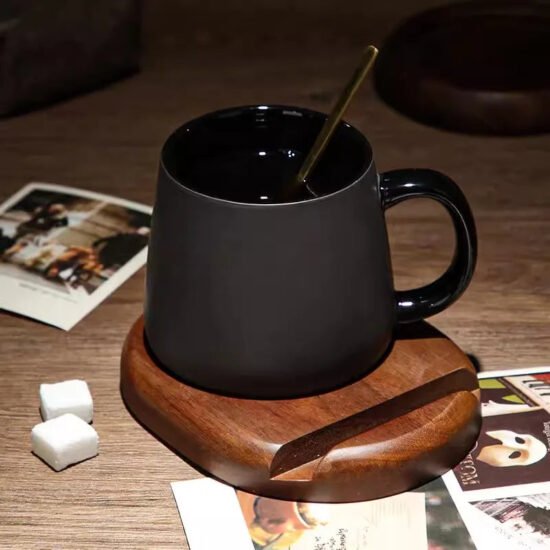 Charcoal Ceramic Mug Set with Spoon and Wood Coaster