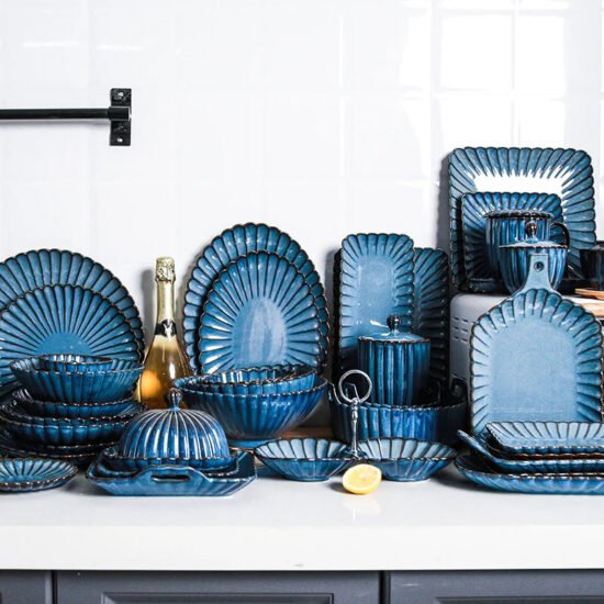 Blue Ribbed Ceramic Dinnerware 22-Piece Set