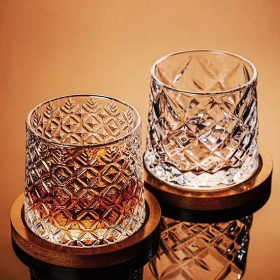 Rotating Whiskey Glass with Wood Coaster