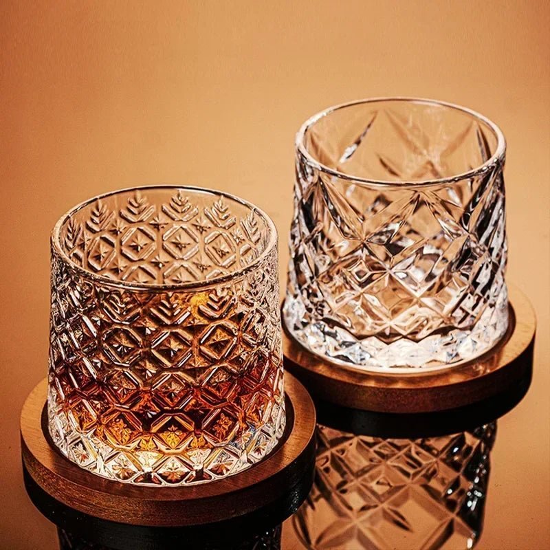 Rotating Whiskey Glass with Wood Coaster