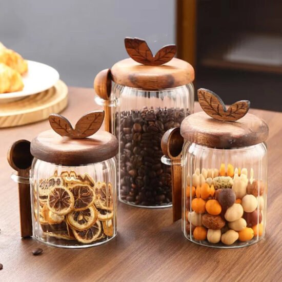 Glass Storage Jars with Leaf Detail Wooden Lid