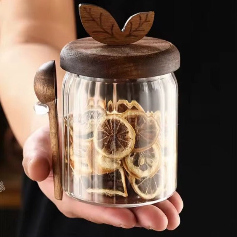Glass Storage Jars with Leaf Detail Wooden Lid - Image 2