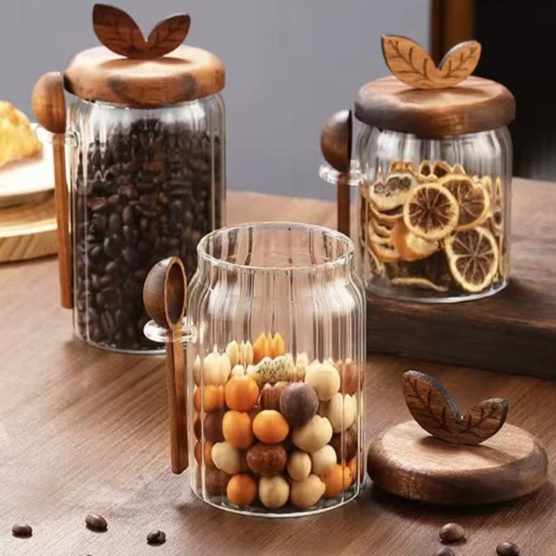 Glass Storage Jars with Leaf Detail Wooden Lid - Image 4