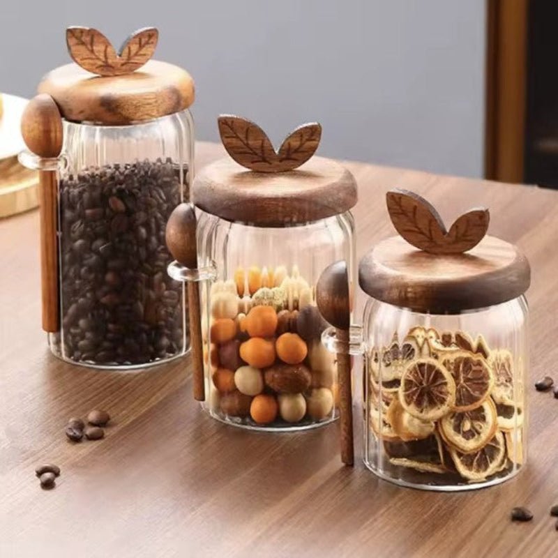 Glass Storage Jars with Leaf Detail Wooden Lid - Image 3