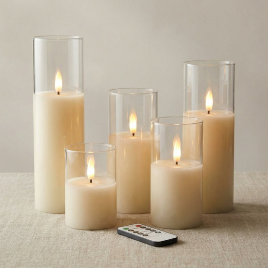 Clear Ivory Flameless Pillar Candles, Set of 9