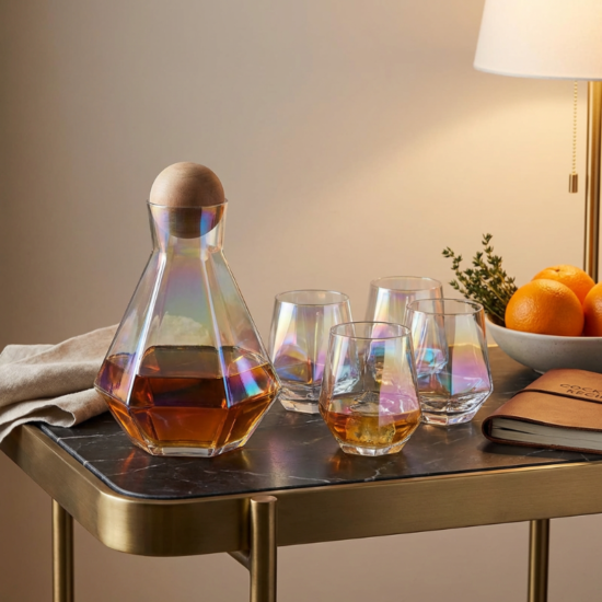 Modern Faceted Glass Decanter and Tumbler, 5 Piece Set