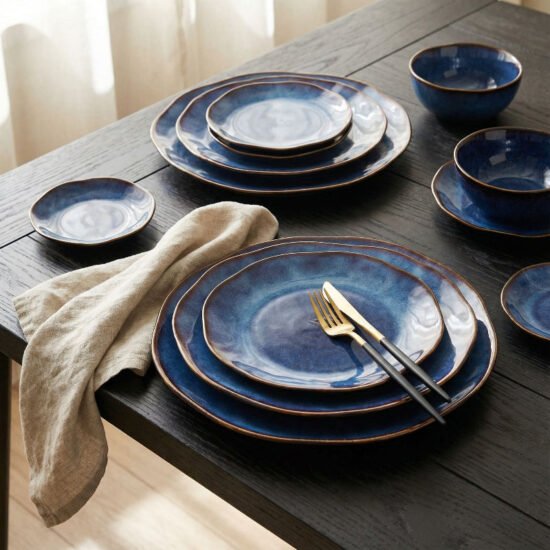 Blue Wave Edge Ceramic Dinner Plates, Set of 4