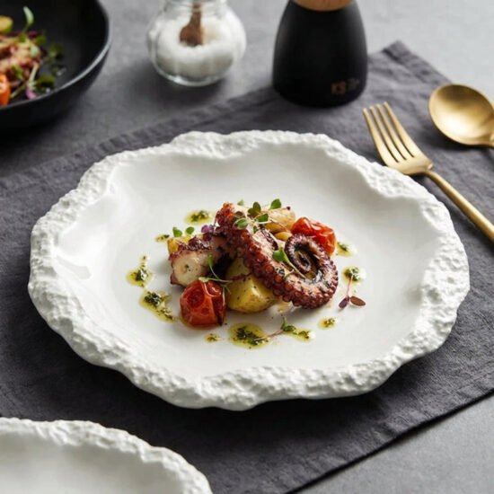 White Ceramic Dinner Plates with Textured Rim, Set of 2